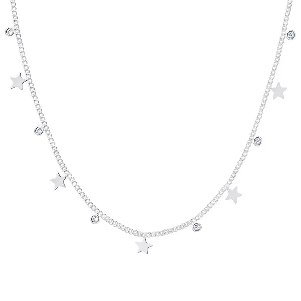 Gargantilha Prata Estrelas Lisas e Bolinhas com Zircônias