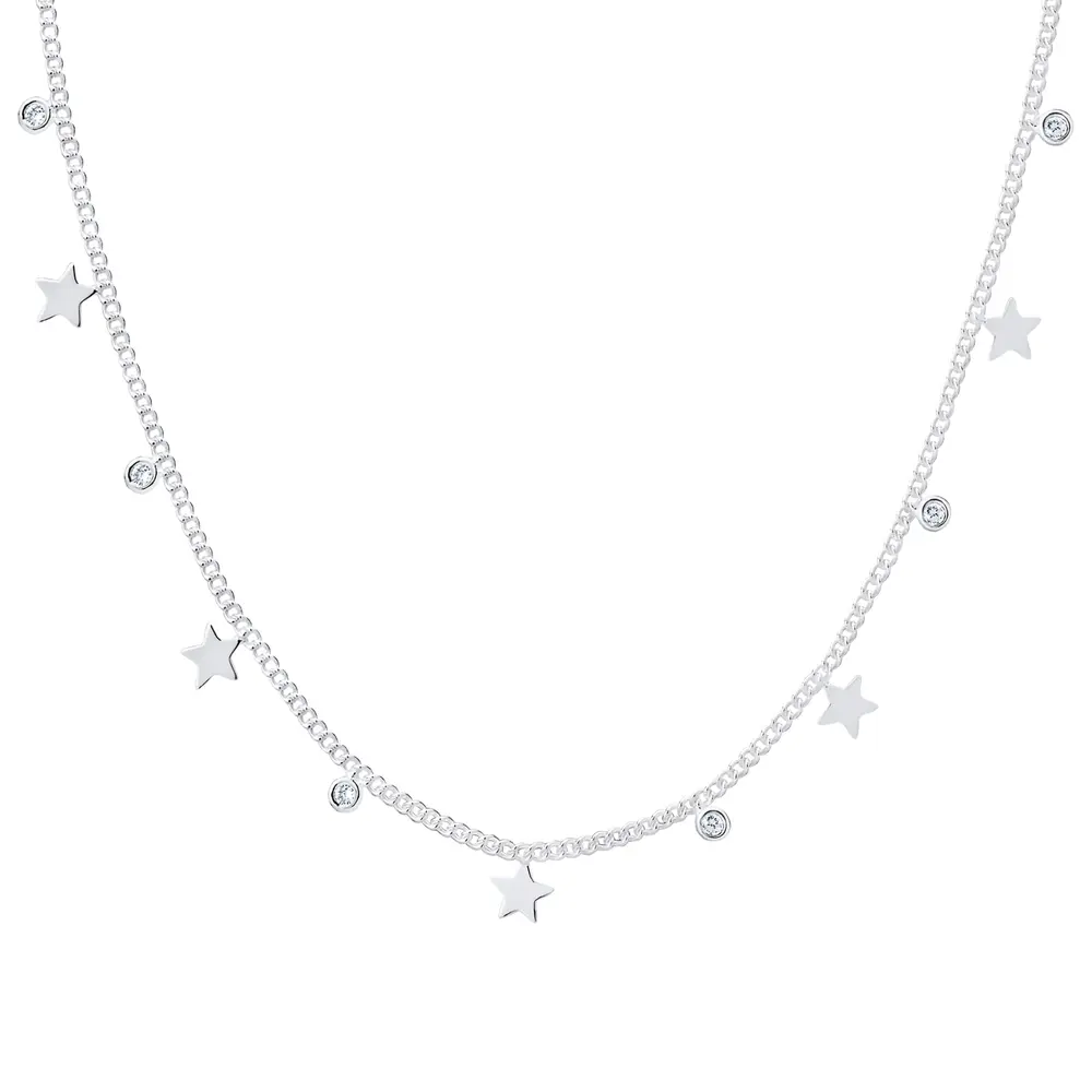 Gargantilha Prata Estrelas Lisas e Bolinhas com Zircônias