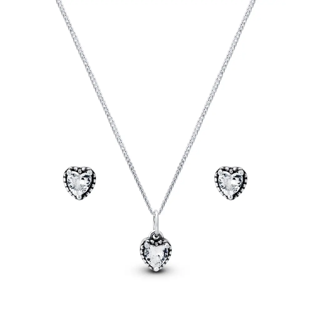 Conjunto Prata Coração Envelhecido com Zircônia