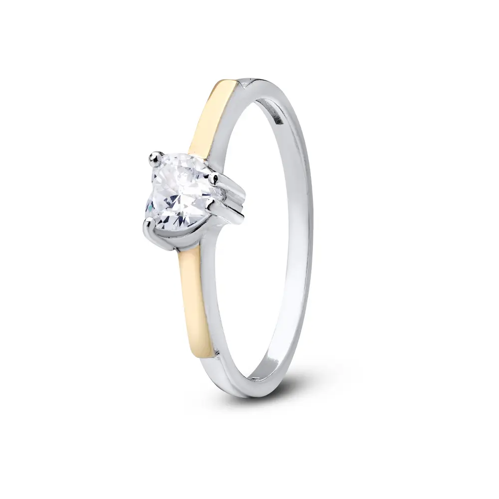 Anel Prata Com Filete Em Ouro 10k Coração Zircônia