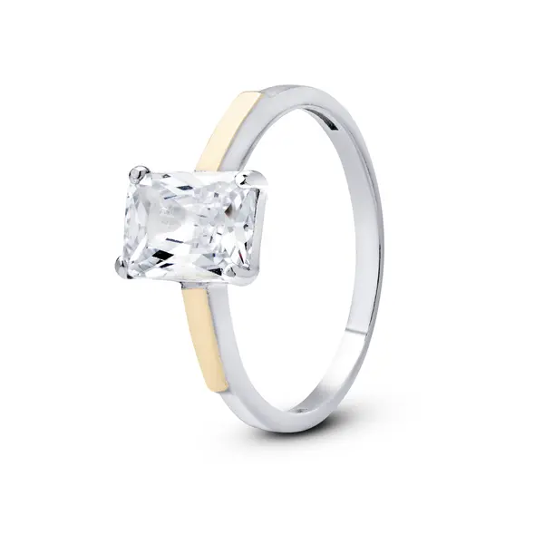 Anel Prata Com Filete Em Ouro 10k com Zircônia