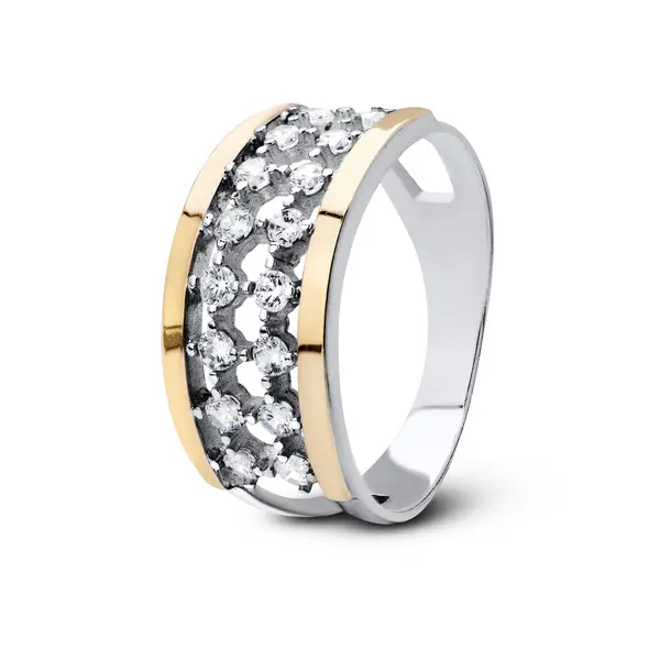 Anel Prata Com Filete Em Ouro 10k e Zircônias