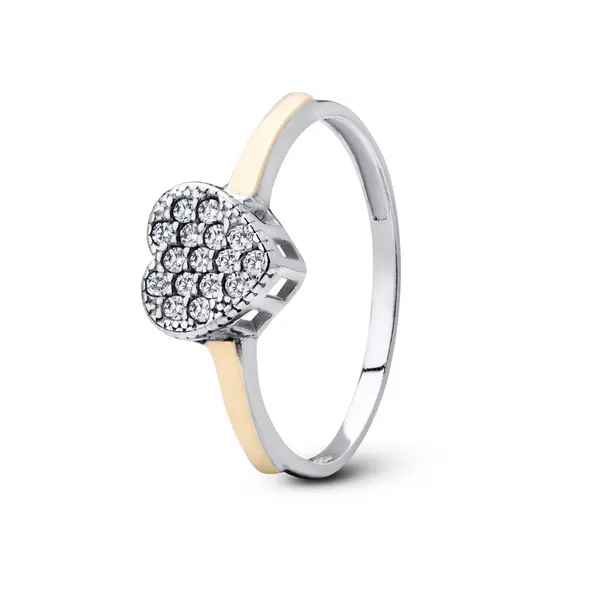 Anel Prata com Aplique em Ouro e Coração com Zircônias