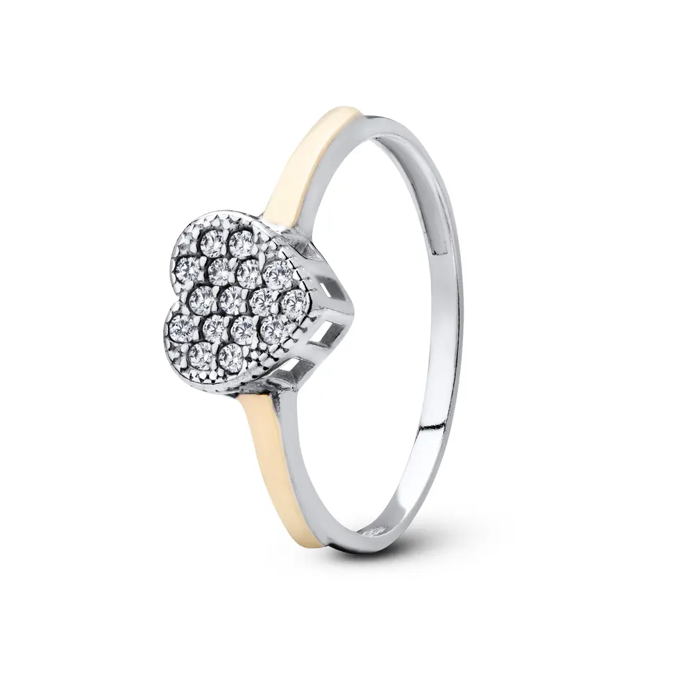 Anel Prata com Aplique em Ouro e Coração com Zircônias