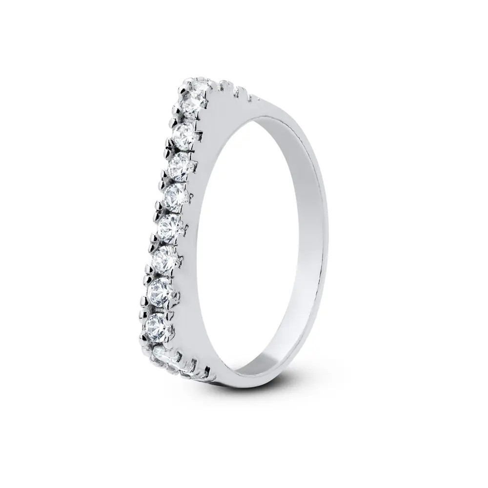 Anel Prata Meia Aliança Quadrada com Zircônias