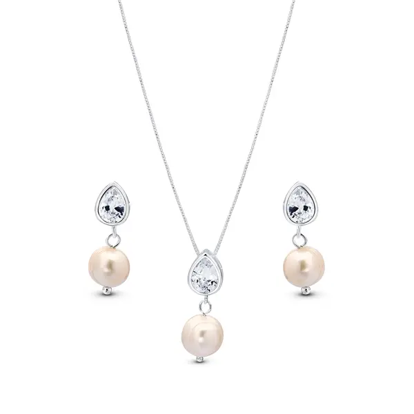 Conjunto Prata Leve Pérola e Gota em Zircônia