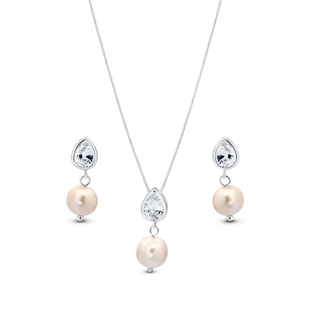 Conjunto Prata Leve Pérola e Gota em Zircônia