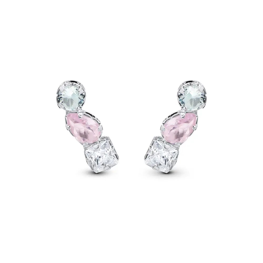 Brinco Prata Leve Quadrado Gota e Circulo Coloridos