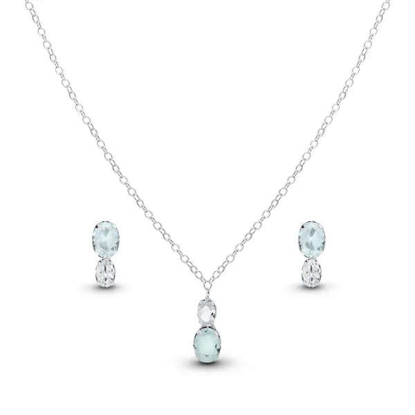 Conjunto Prata Leve Zircônias Ovais Azul e Branco