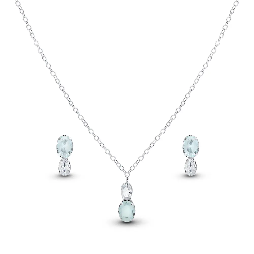 Conjunto Prata Leve Zircônias Ovais Azul e Branco