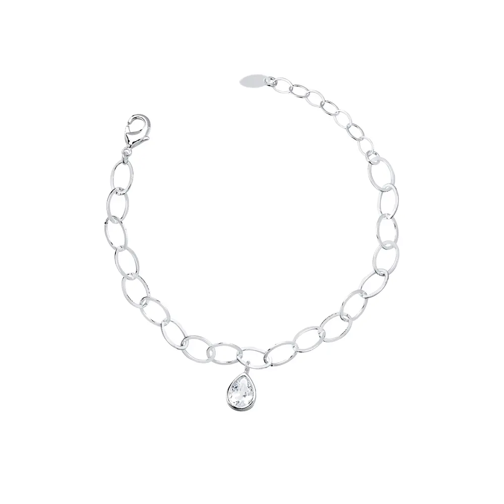 Pulseira Prata Leve Elos Grandes e Gota em Zircônia