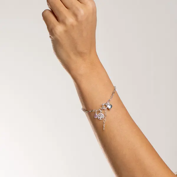 Pulseira Prata Leve Coração Árvore da Vida e Zircônia