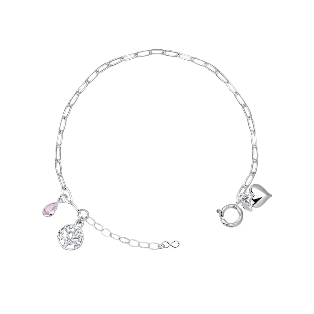 Pulseira Prata Leve Coração Árvore da Vida e Zircônia