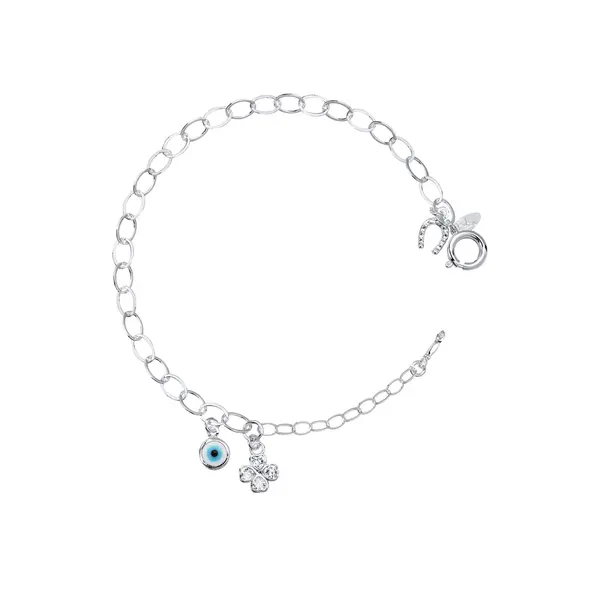 Pulseira Prata Leve Olho Grego Trevo e Figa