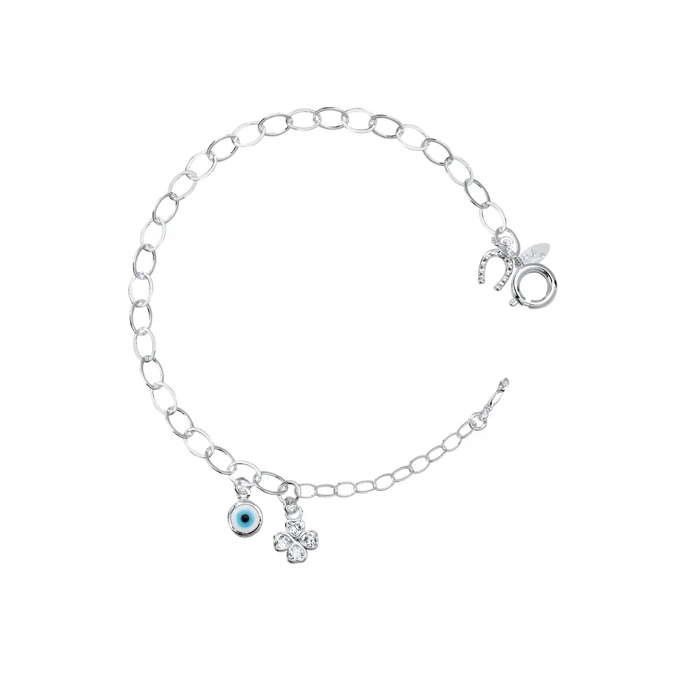 Pulseira Prata Leve Olho Grego Trevo e Figa