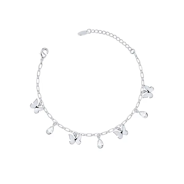 Pulseira Prata Leve Borboleta Lisa e Gota em Zircônia
