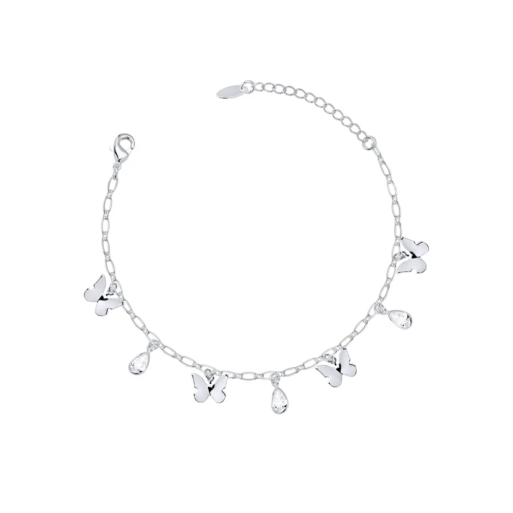 Pulseira Prata Leve Borboleta Lisa e Gota em Zircônia