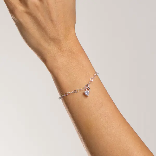 Pulseira Prata Leve Malha Coração e Zircônia
