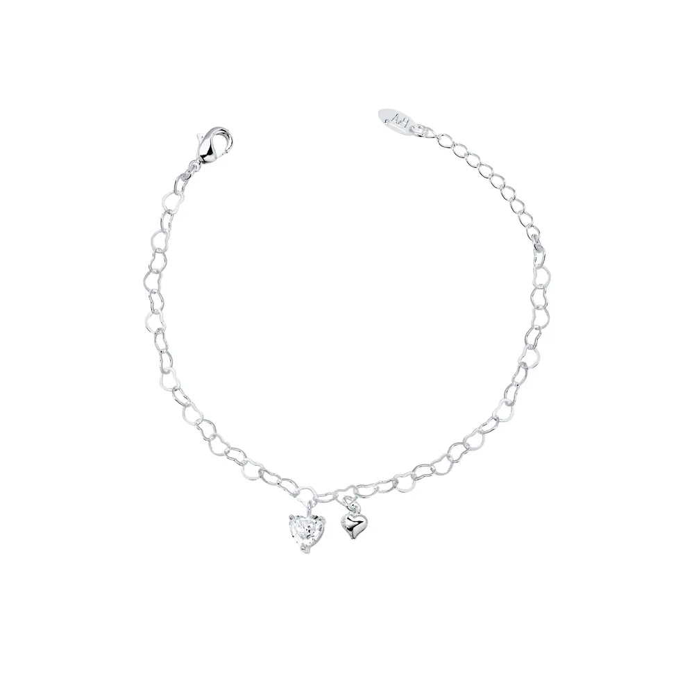 Pulseira Prata Leve Malha Coração e Zircônia