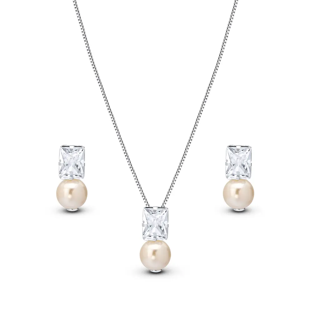 Conjunto Prata Leve Pérola e Zircônia Retangular