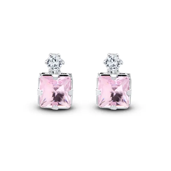 Brinco Prata Leve Top Quadrado com Zircônia Rosa Claro