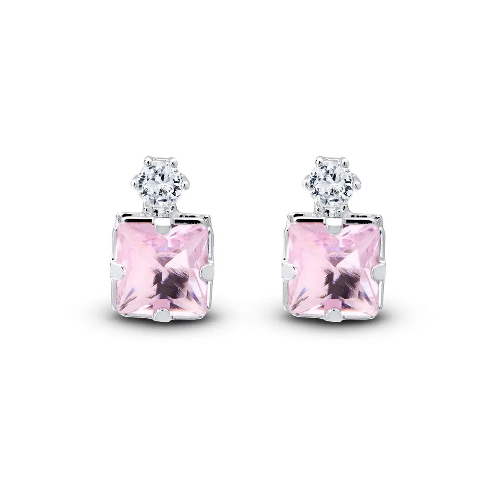 Brinco Prata Leve Top Quadrado com Zircônia Rosa Claro
