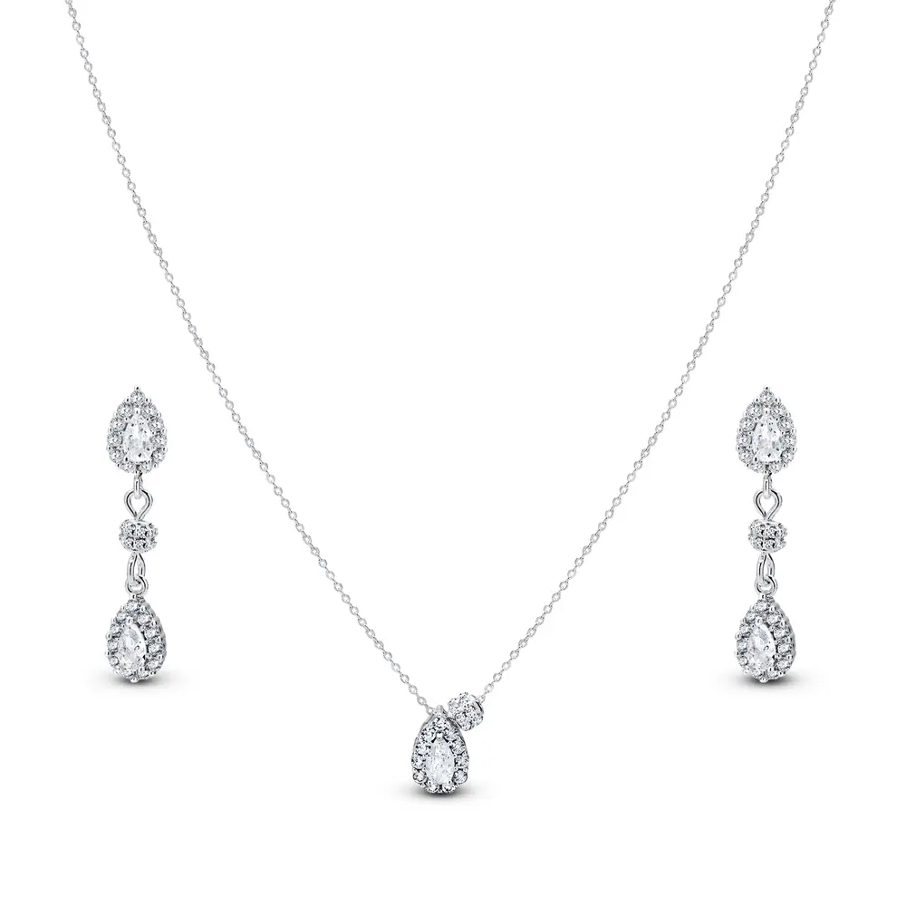 Conjunto Prata Leve Clássico Gota em Zircônias