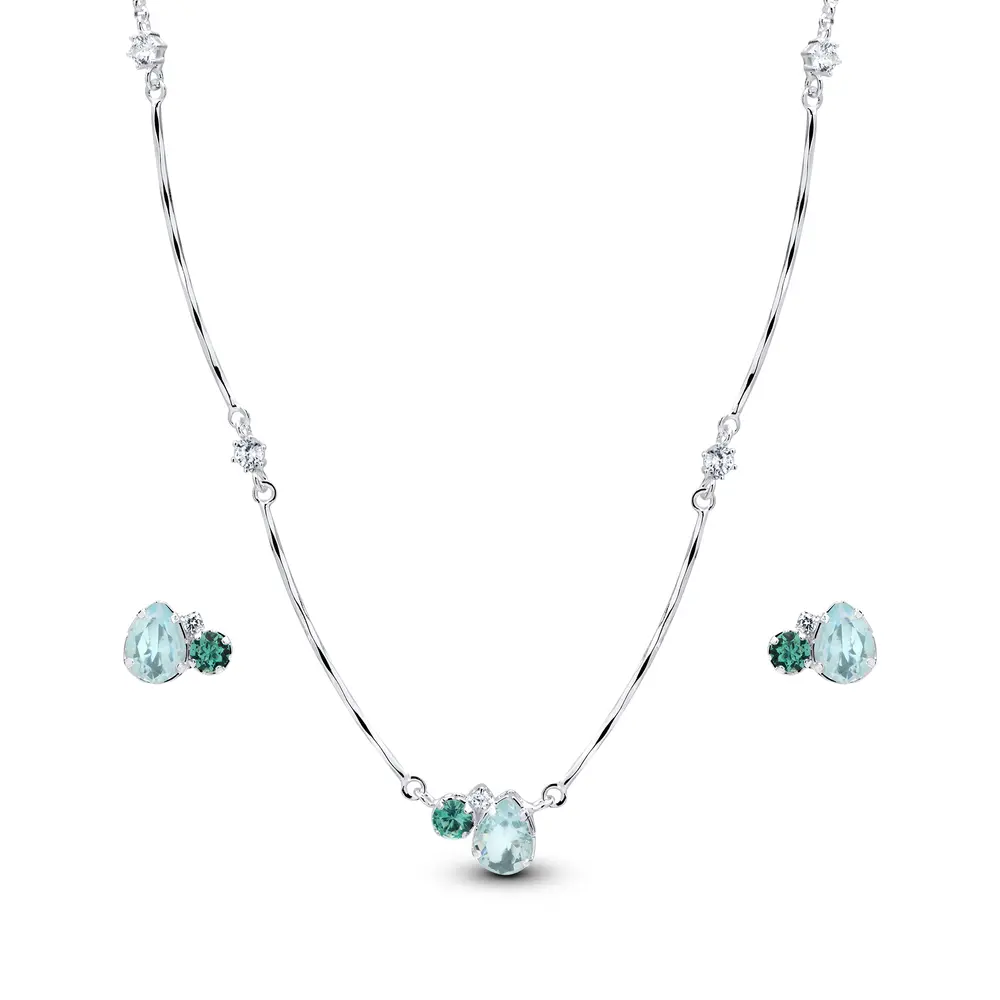 Conjunto Prata Leve Gota e Circulo de Zircônias Azul