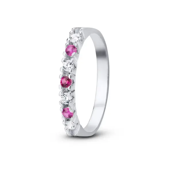 Anel Prata  Meia  Aliança Com Zircônias Pink E Brancas