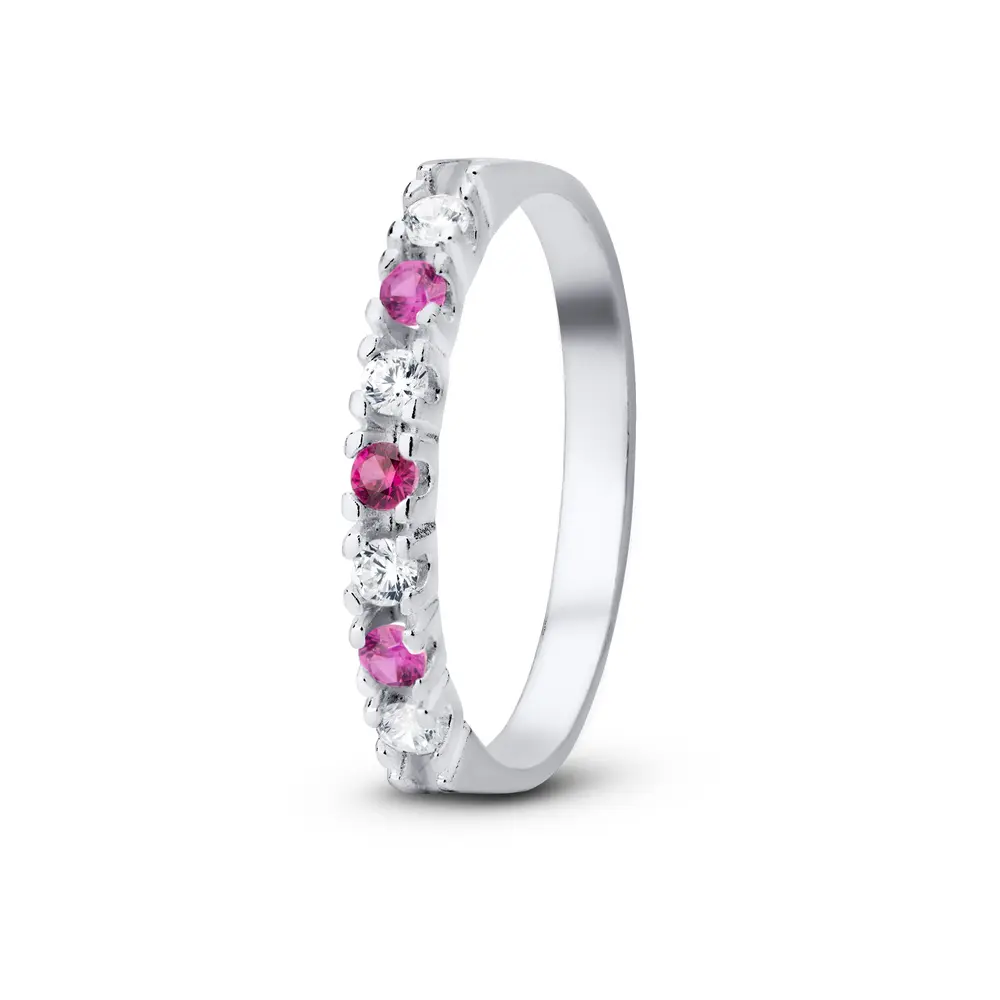 Anel Prata  Meia  Aliança Com Zircônias Pink E Brancas