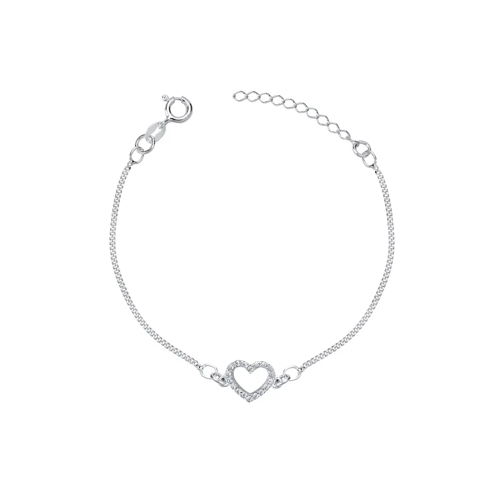 Pulseira Prata Infantil Coração Vazado Com Zircônia