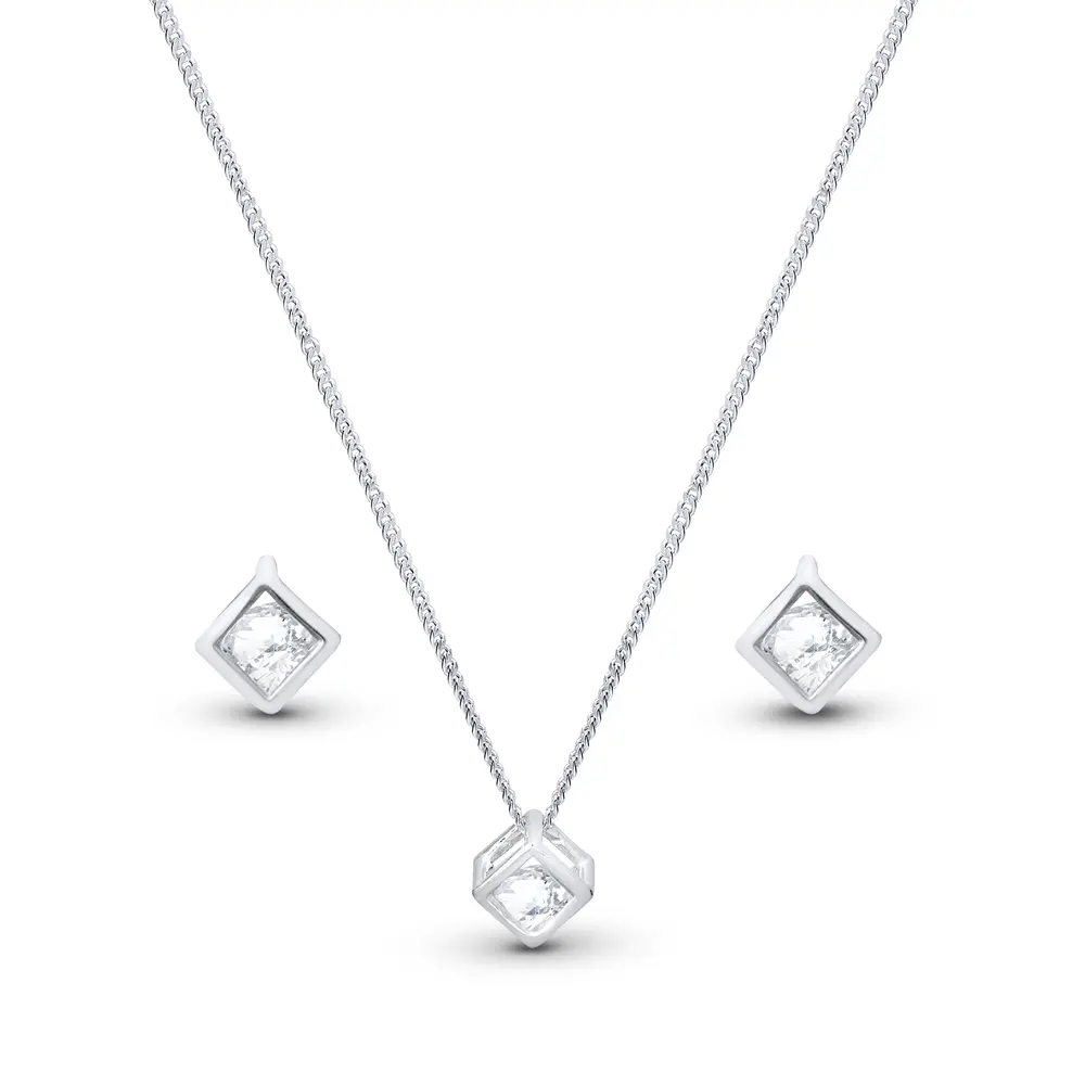 Conjunto Prata Cubo com Zircônia