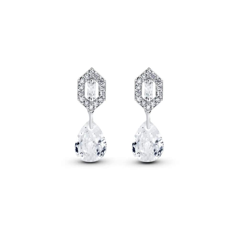 Brinco Prata Leve Sun Hexágono e Gota em Zircônia