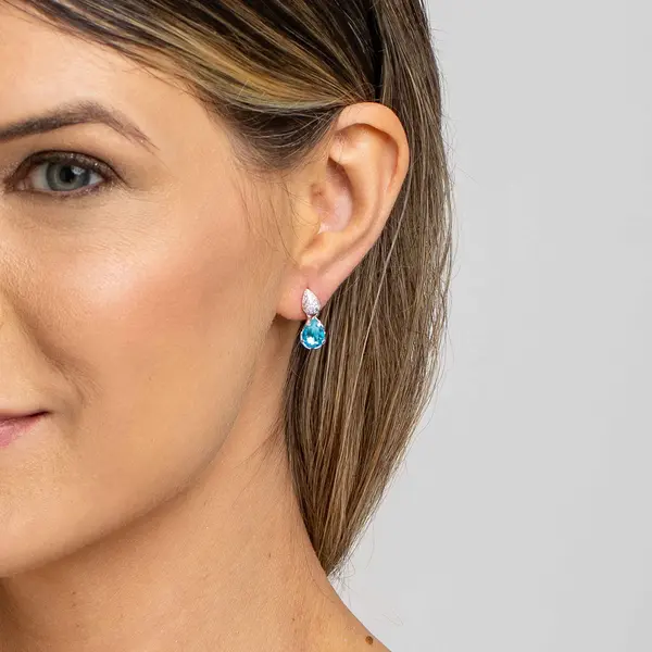 Brinco Prata Leve Sun Gotas Azul e Cravejada