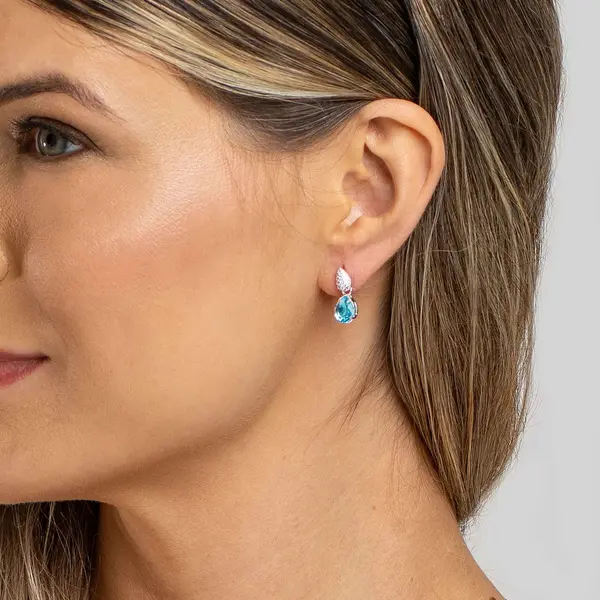 Brinco Prata Leve Sun Gotas Azul e Cravejada