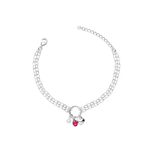 Pulseira Prata Leve Sun Gota Rosa com Círculo e Coração