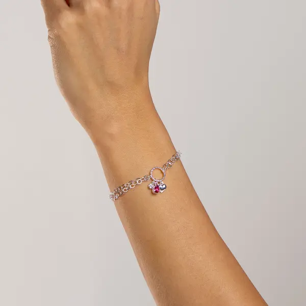 Pulseira Prata Leve Sun Gota Rosa com Círculo e Coração