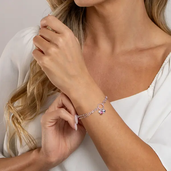 Pulseira Prata Leve Sun Gota Rosa com Círculo e Coração