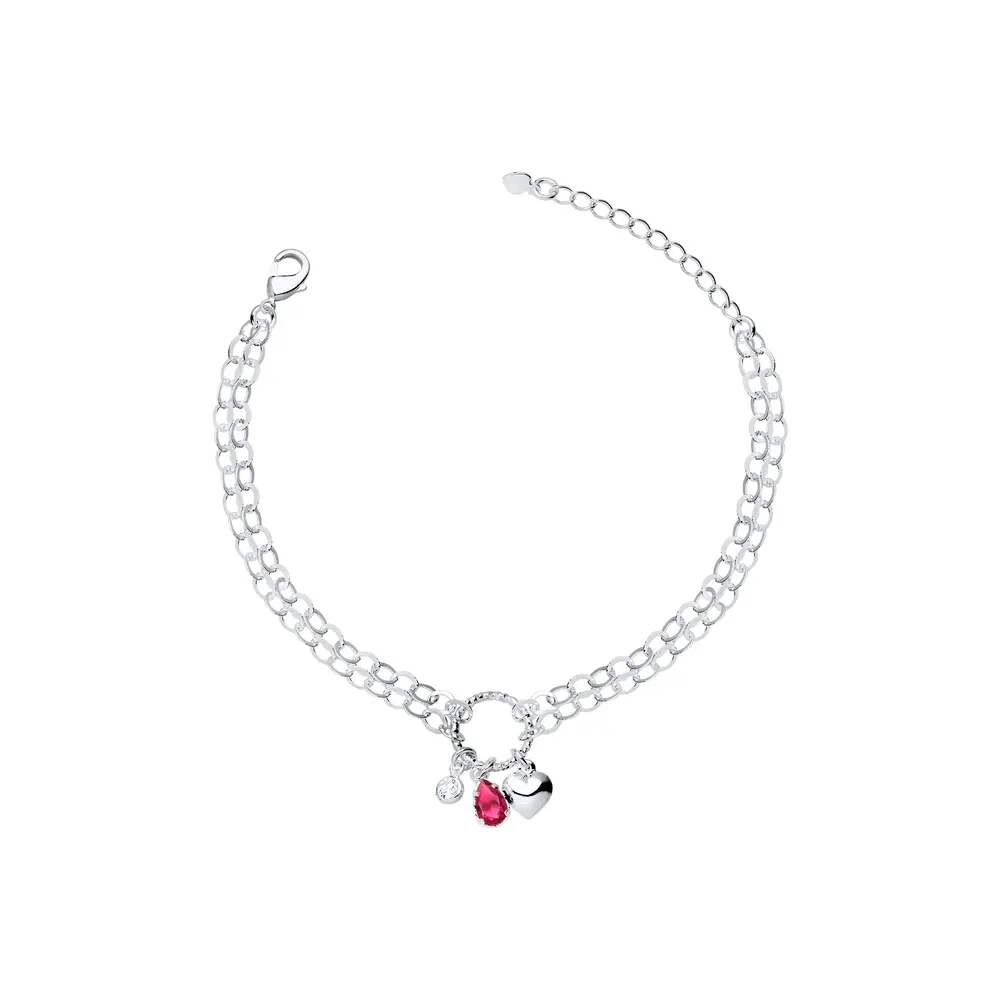 Pulseira Prata Leve Sun Gota Rosa com Círculo e Coração