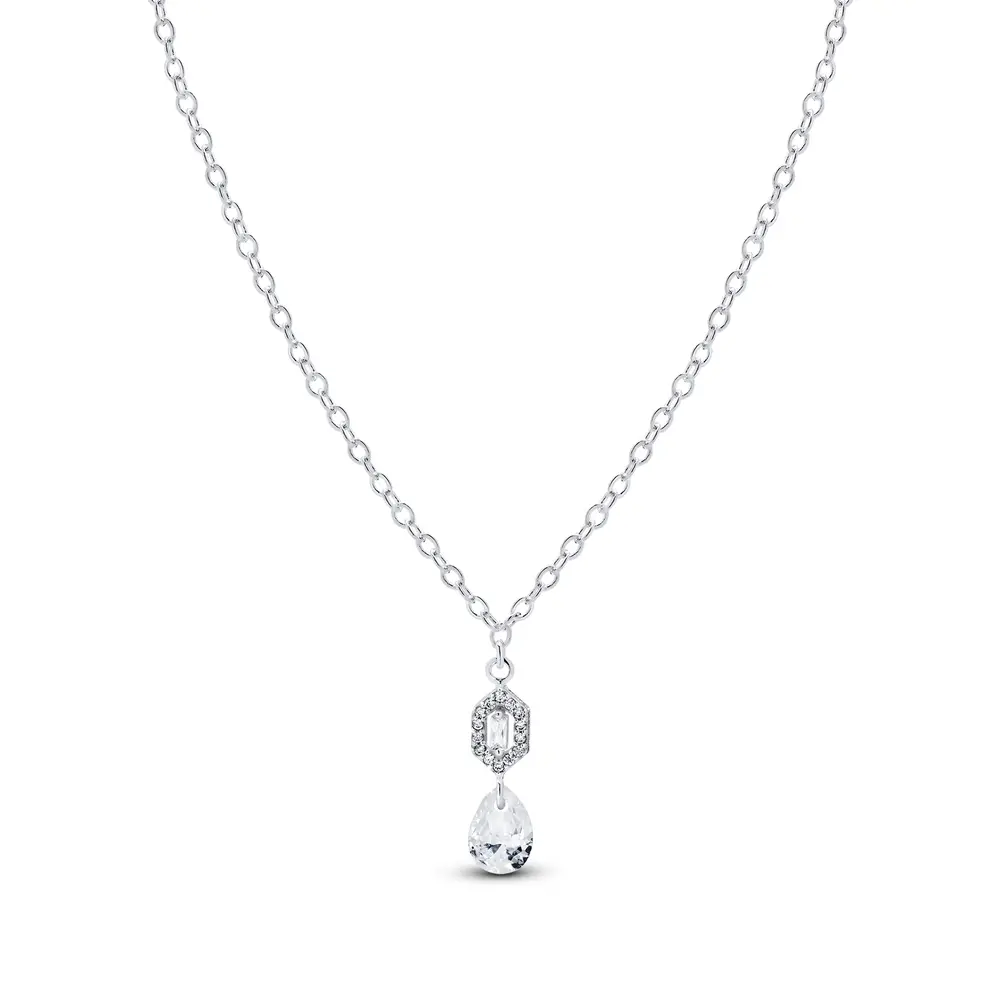 Gargantilha Prata Leve Sun Hexágono e Gota em Zircônia