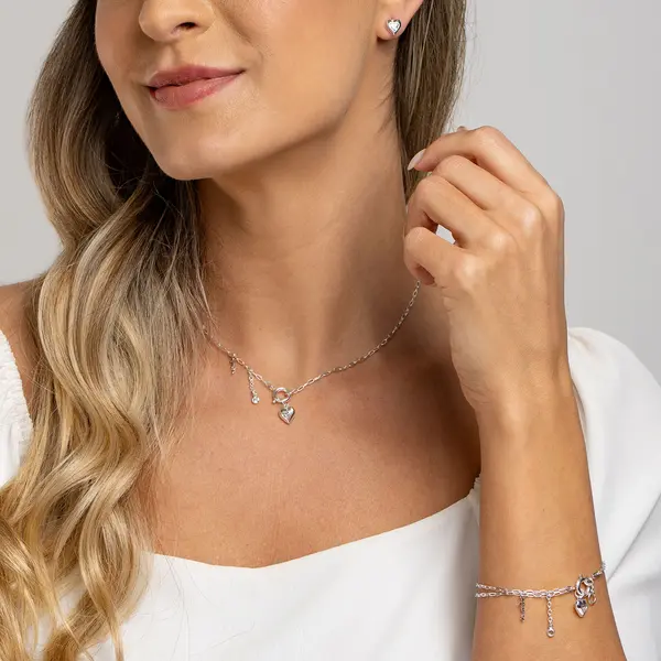 Pulseira Prata Leve Sun Dupla Amor Coração com Zircônia