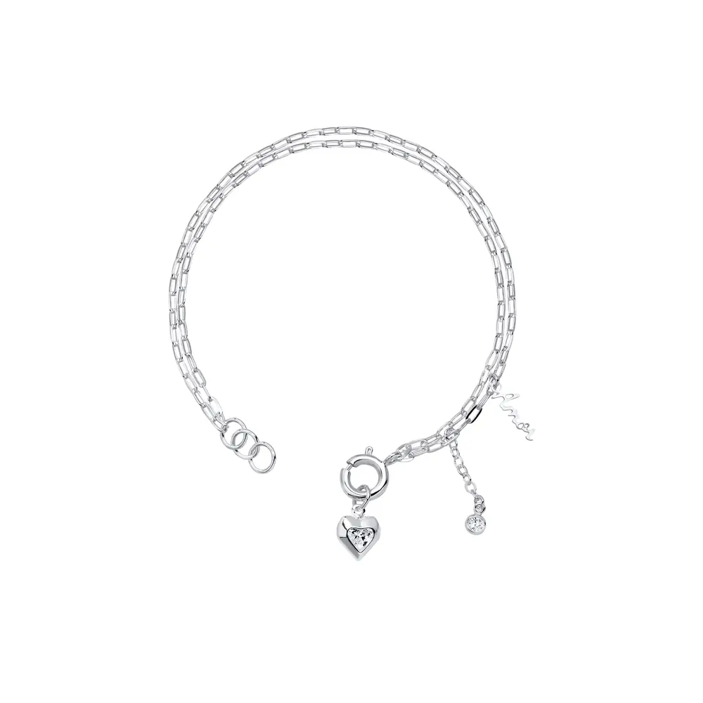 Pulseira Prata Leve Sun Dupla Amor Coração com Zircônia