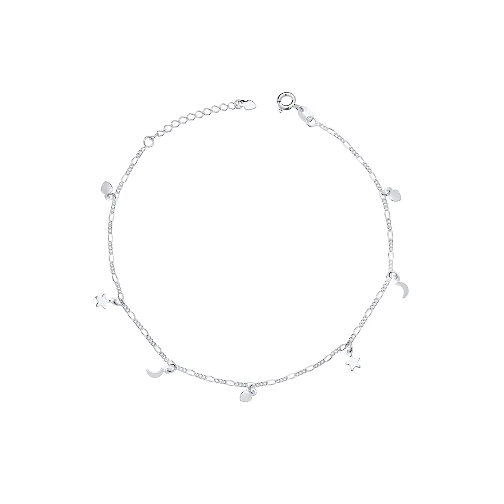 Tornozeleira Prata Estrela Lua e Coração