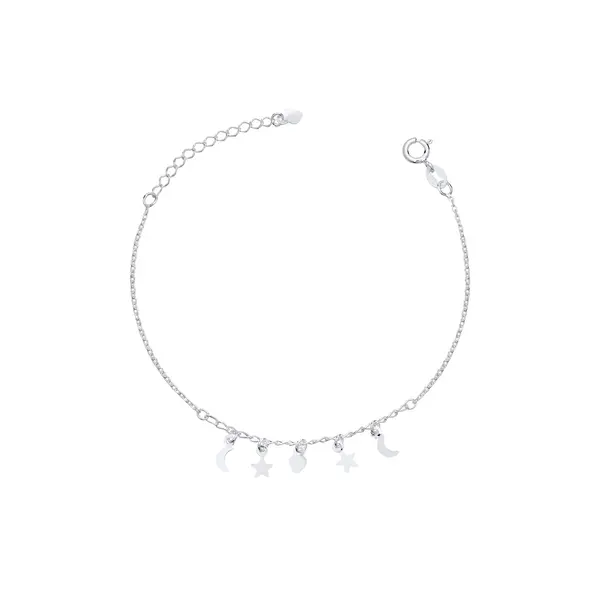 Pulseira Prata Estrela Lua e Coração