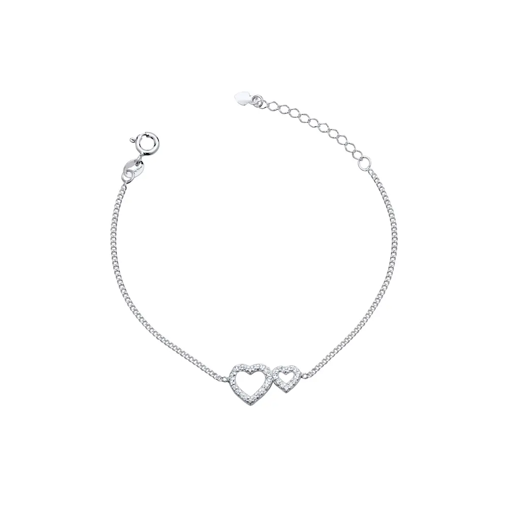 Pulseira Prata Dois Coração com Zircônias