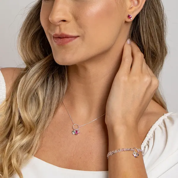 Conjunto Prata Leve Sun Gota Rosa com Círculo e Coração