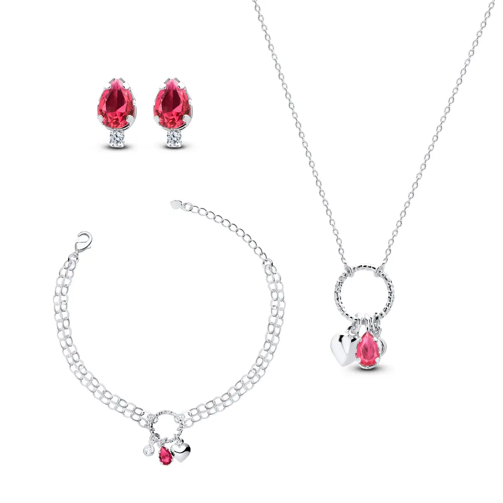 Conjunto Prata Leve Sun Gota Rosa com Círculo e Coração