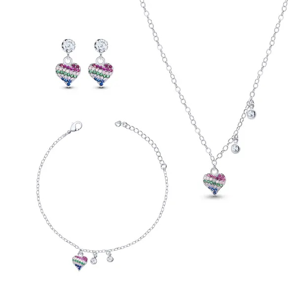 Conjunto Prata Leve Sun Coração Colorido
