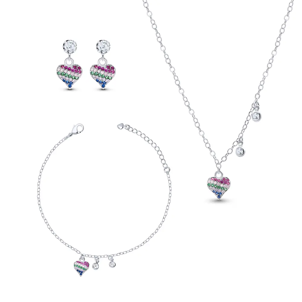 Conjunto Prata Leve Sun Coração Colorido