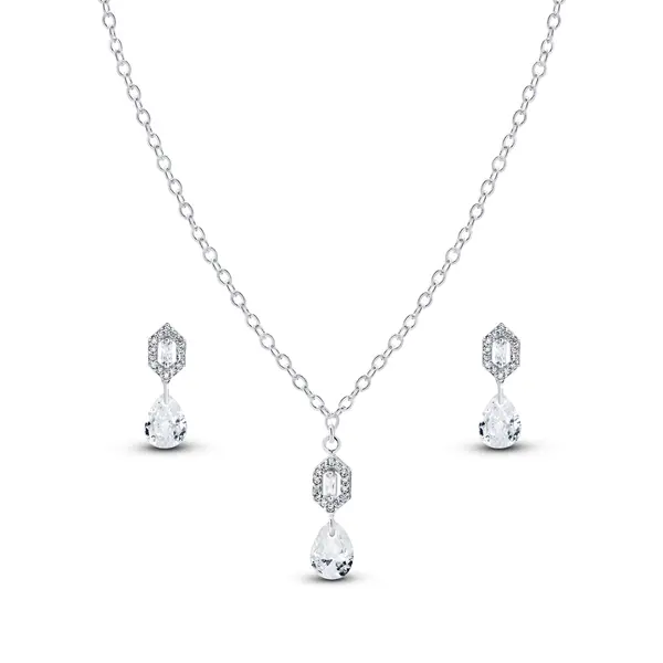 Conjunto Prata Leve Sun Hexágono e Gota em Zircônia